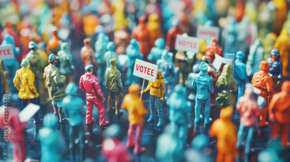 Fototapeta premium Miniature colorful figures with VOTE signs in a crowd. Tiny individuals in a crowd holding voting placards. Concept of elections, civic duty, collective action, and the power of the vote.