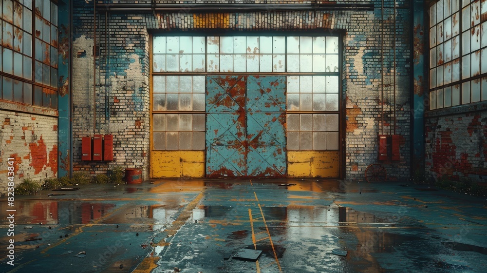 A dilapidated industrial warehouse with old rusted large doors, peeling paint, and scattered debris reflecting a past era