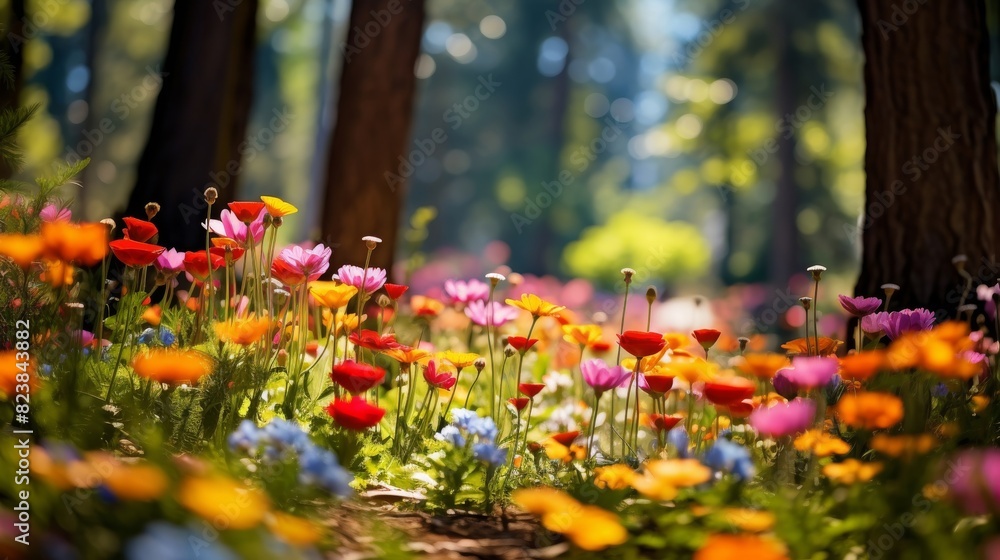 Colorful wildflower blanket in sunny woods.