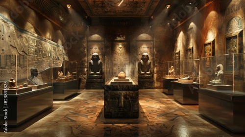 A well-lit museum hall showcases various ancient Egyptian artefacts  including statues  busts  and wall hieroglyphs under warm lights.