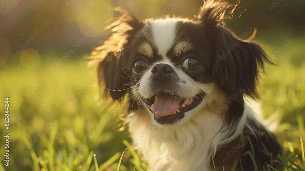 Small dog (Japanese Chin). Isolated on green grass in park Small dog (Japanese Chin). Isolated on green grass in park