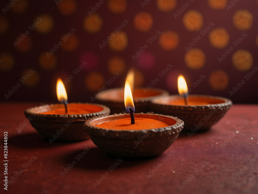 Happy Diwali - Clay Diya lamps are lit during Diwali, the Hindu Holy festival of lights celebration. Traditional oil lamp diya on red background Happy Diwali - Clay Diya lamps are lit during Diwali, the Hindu Holy festival of lights celebration. Traditional oil lamp diya on red background