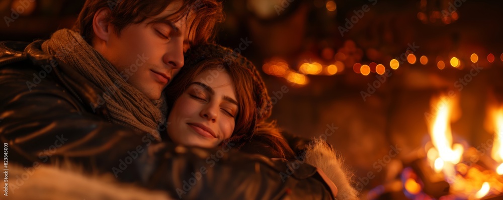 Couple cuddling with fire in background Couple cuddling with fire in background
