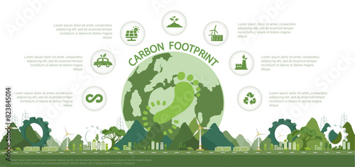 CO2 carbon footprint concept. Reduce carbon footprint, decrease emission and pollution produce, global warming and environmental recovery plan. vector illustration.