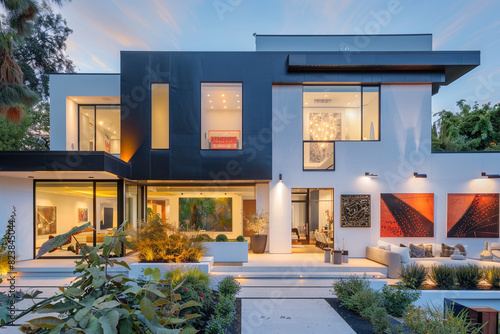 A chic urban dwelling with a monochrome exterior, elevated by vibrant landscaping and sleek outdoor lighting, surrounded by captivating abstract art pieces against a crisp white background. photo