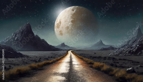 Dirty road leading through dry valley with large moon at the end photo