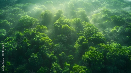 Verdant Canopy Aerial Perspective of Lush and Swaying Forest Treetops Bathed in Dappled Sunlight