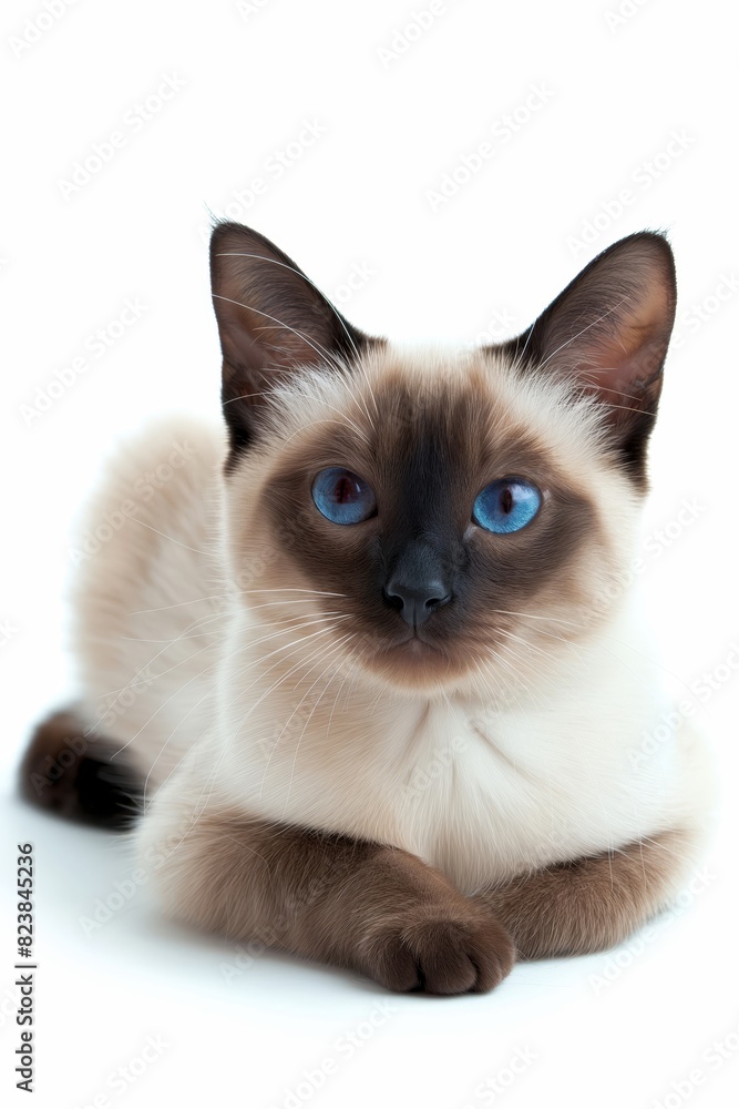 A Siamese cat with blue eyes is laying on a white background