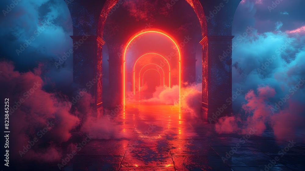 Glowing Neon Arch Portal in Surreal Cloudy Atmosphere Glowing Neon Arch Portal in Surreal Cloudy Atmosphere