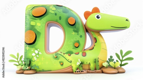 Fototapeta Naklejka Na Ścianę i Meble -  A green dinosaur is standing in front of the letter D