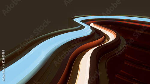 3D render of stacked linear metallic shapes glowing in the dark