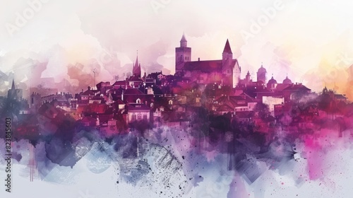 Travel illustration. Panorama of the town. Art, minimalism, romanticism, watercolors, pastels. Generative AI. photo