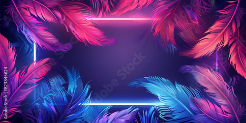 Neon Feathers Adorn Dark Background, Creating a Striking Visual Contrast, Vibrant Illumination photo
