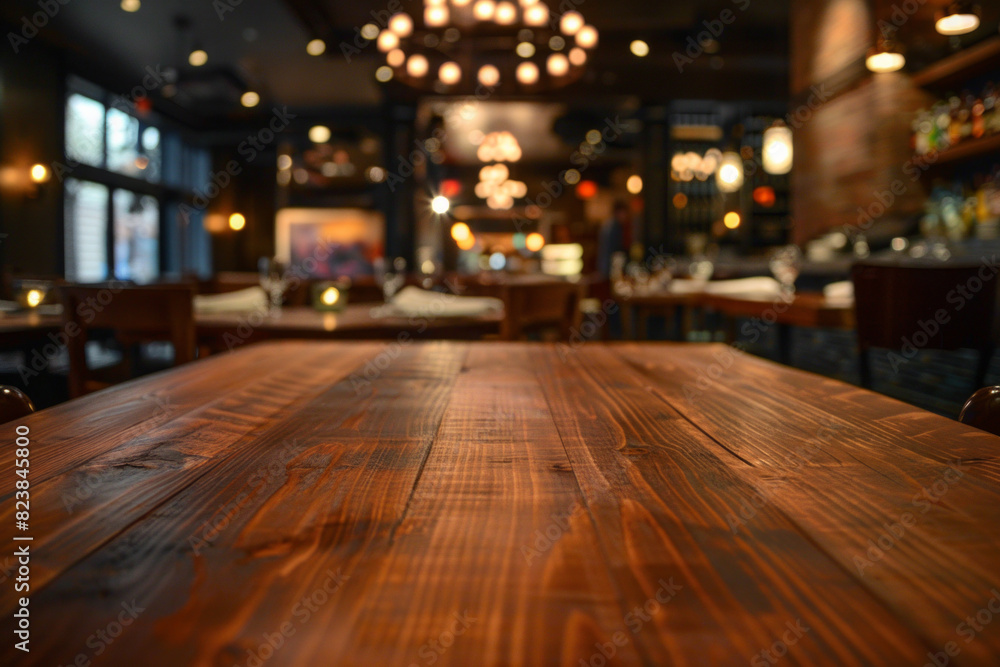 A polished wooden table in the foreground with a blurred background of an elegant restaurant. The background shows beautifully set tables with white linens, stylish chairs and soft ambient lighting A polished wooden table in the foreground with a blurred background of an elegant restaurant. The background shows beautifully set tables with white linens, stylish chairs and soft ambient lighting