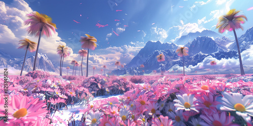 Futuristic Landscape Bursting with Colorful Flowers and Palms, Technicolor Floral Dreams photo