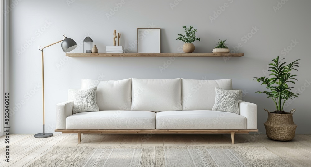 A white sofa and wooden shelf against a light gray wall in a living room with a floor lamp A white sofa and wooden shelf against a light gray wall in a living room with a floor lamp