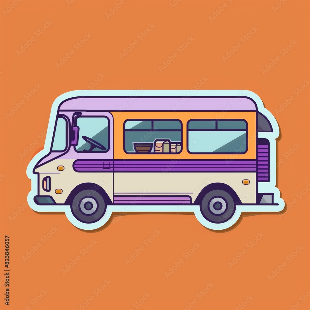 A mobile coffee truck illustration designed as a sticker with typical colors and a purple outline on a solid orange background. A mobile coffee truck illustration designed as a sticker with typical colors and a purple outline on a solid orange background.