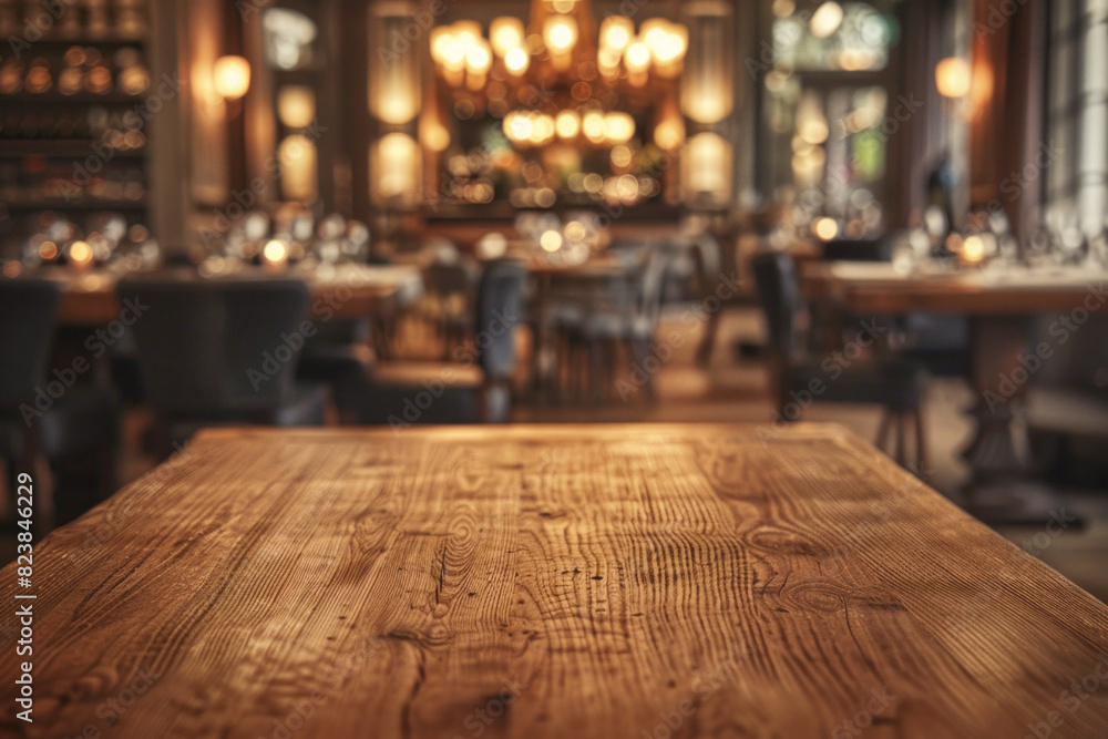 A polished wooden table in the foreground with a blurred background of an elegant restaurant. The background shows beautifully set tables with white linens, stylish chairs and soft ambient lighting A polished wooden table in the foreground with a blurred background of an elegant restaurant. The background shows beautifully set tables with white linens, stylish chairs and soft ambient lighting