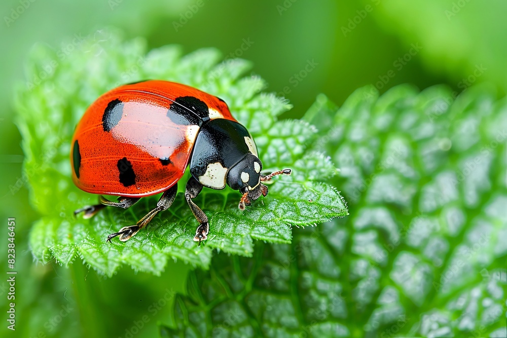 Obraz premium Close-up of a ladybug on a vibrant green leaf, showcasing its red wings with black spots in a natural outdoor setting.