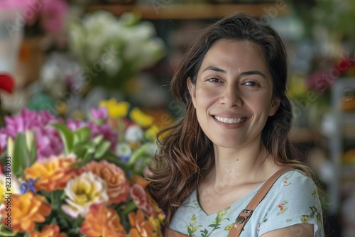 beautiful hispanic woman smiling in her floral shop small business owner portrait