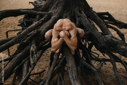 Redhead nude Man bare-chested athlete posing near tree roots outside photo
