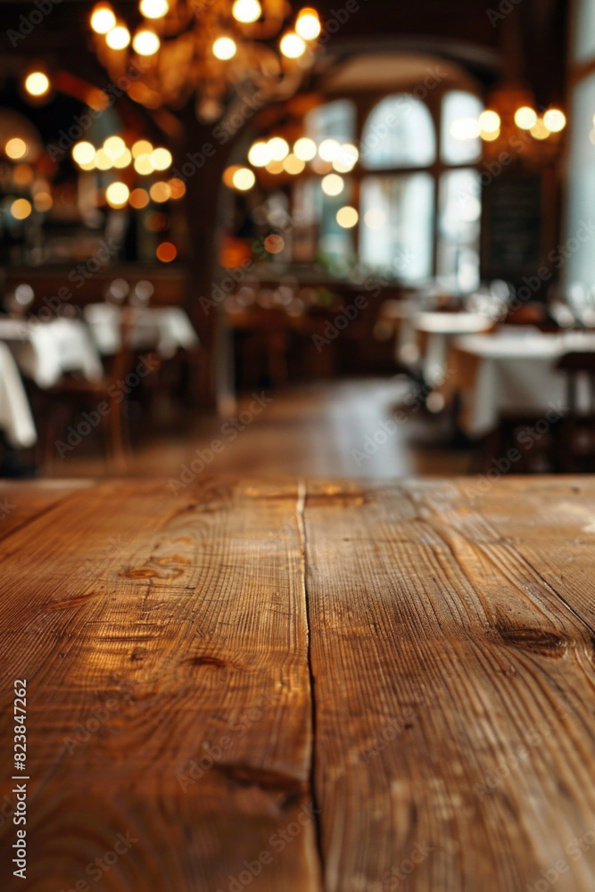 A polished wooden table in the foreground with a blurred background of an elegant restaurant. The background shows beautifully set tables with white linens, stylish chairs and soft ambient lighting 