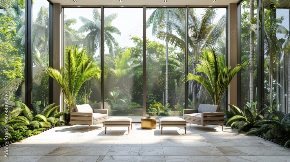 The photo shows the interior of a modern house with a large glass window looking out onto a tropical garden with palm trees