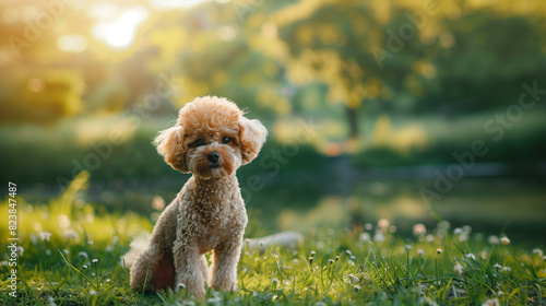 Dog (Miniature Poodle). Isolated on green grass in park © Juli Soho