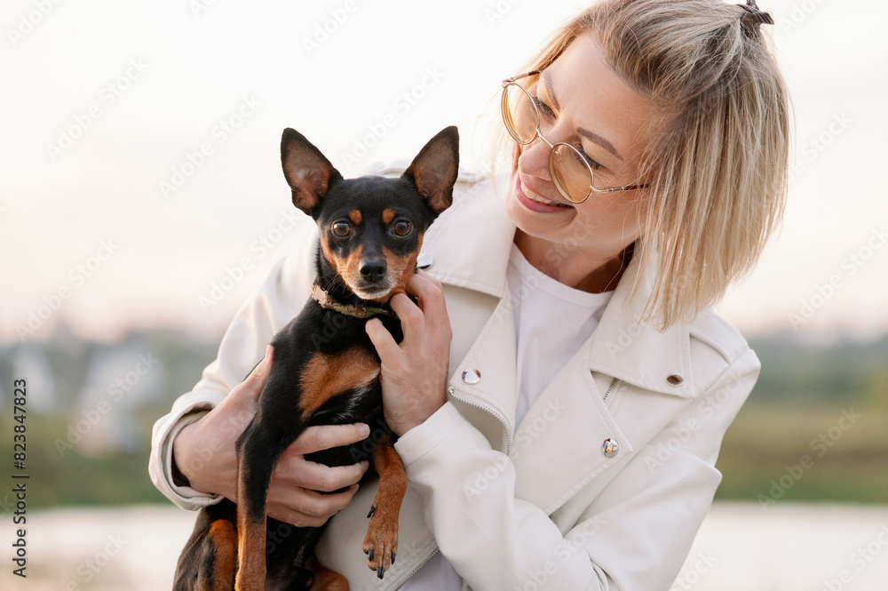 Happy confident blonde woman with glasses hugs her smooth-haired Russian toy terrier dog. During walk in nature on summer day, owner holds her pet in her arms. Love of housewife and pet. Happy confident blonde woman with glasses hugs her smooth-haired Russian toy terrier dog. During walk in nature on summer day, owner holds her pet in her arms. Love of housewife and pet.