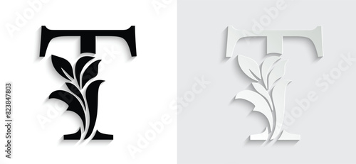 letter T flower letters. Vintage ornament initial Alphabet. Logo vector	
