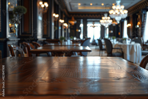 A polished wooden table in the foreground with a blurred background of an elegant restaurant. The background shows beautifully set tables with white linens  stylish chairs and soft ambient lighting 