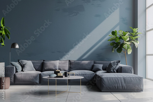 Single frame, pale indigo wall, grey modular sofa, contemporary round table; realistic 3D scene.