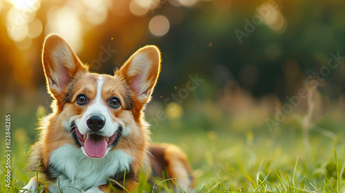 Dog (Pembroke Welsh Corgi). Isolated on green grass in park photo