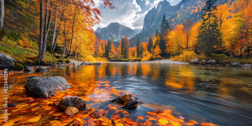 A colorful autumn forest landscape with mountains and a clear blue sky