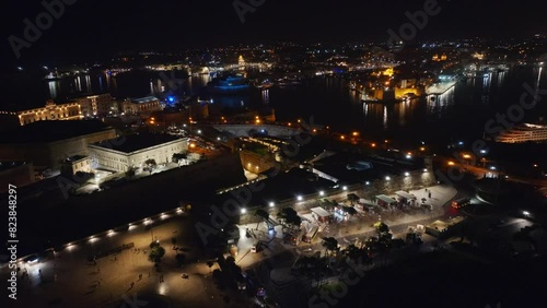 Drone night view of  Valletta city, Floriana and Three cities (Vittoriosa, Senglea and Cospicua). Maltese island photo