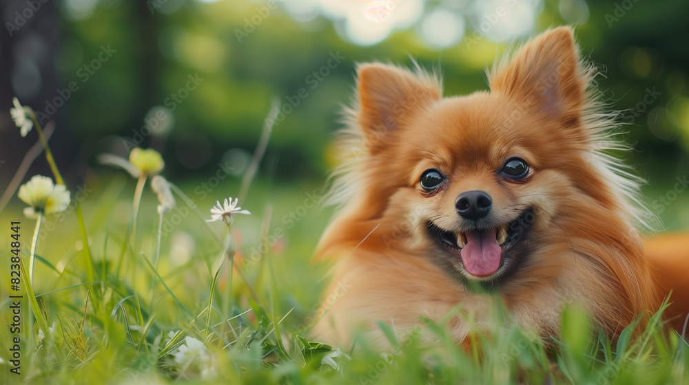 Dog (Pomeranian Spitz). Isolated on green grass in park