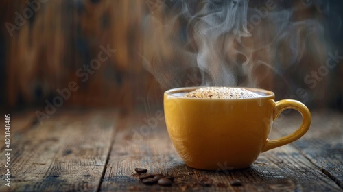 A close-up photo of a freshly brewed cup of coffee with steam rising from it, set against a rustic wooden background. 