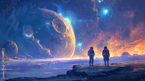 Two astronauts stand on a rocky shore, gazing at celestial bodies in the night sky over an alien planet.