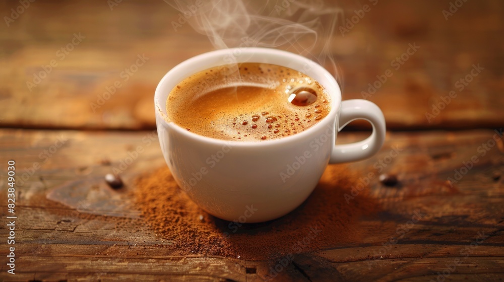 A close-up photo of a freshly brewed cup of coffee with steam rising from it, set against a rustic wooden background. A close-up photo of a freshly brewed cup of coffee with steam rising from it, set against a rustic wooden background.