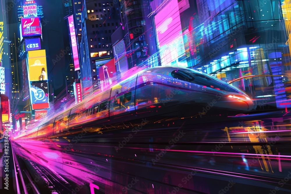 Futuristic High Speed Train Blazing Through Vibrant Cityscape at Night
