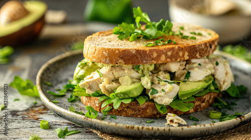 Chicken avocado sandwich with fresh greens on rye bread, on a light grey plate with a wooden table background, photo