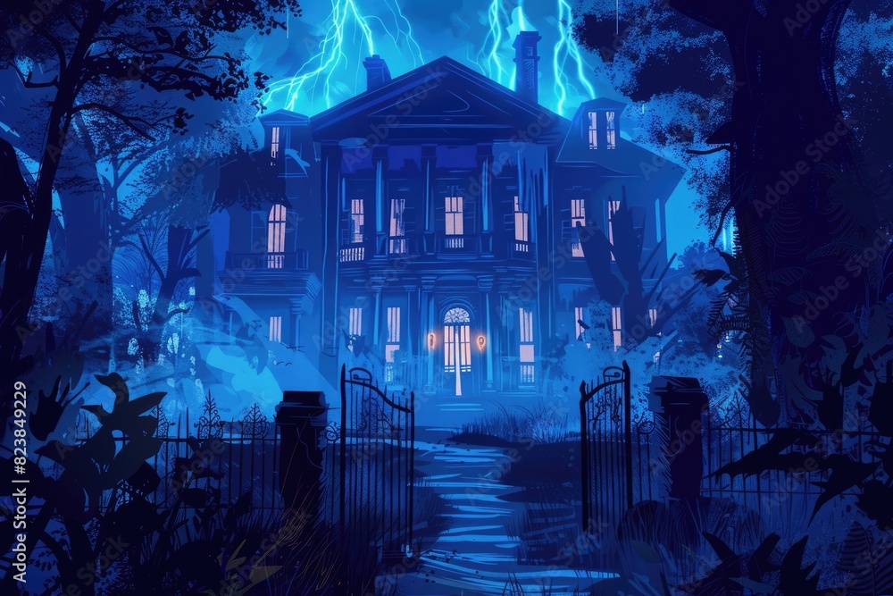 Haunting Mansion with Ghostly Apparitions and Eerie Lighting in Moonlit Autumn Forest Landscape Haunting Mansion with Ghostly Apparitions and Eerie Lighting in Moonlit Autumn Forest Landscape