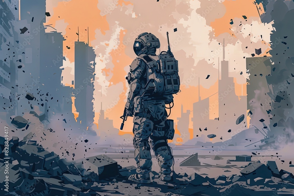 Resilient Futuristic Soldier Braving War Torn Urban Wasteland with Advanced Tactical Armor and Gear