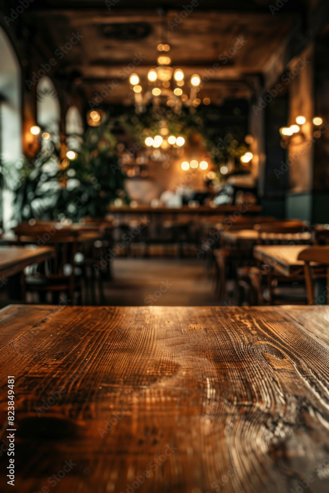 A polished wooden table in the foreground with a blurred background of an elegant restaurant. The background shows beautifully set tables with white linens, stylish chairs and soft ambient lighting A polished wooden table in the foreground with a blurred background of an elegant restaurant. The background shows beautifully set tables with white linens, stylish chairs and soft ambient lighting