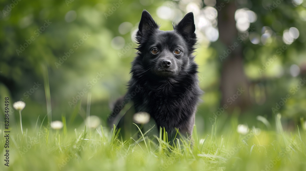 Dog (Schipperke). Isolated on green grass in park Dog (Schipperke). Isolated on green grass in park