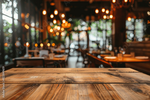 A polished wooden table in the foreground with a blurred background of an elegant restaurant. The background shows beautifully set tables with white linens, stylish chairs and soft ambient lighting  © grey