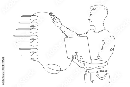 IT specialist is holding a laptop. Data center, server cabinet. Digital technologies. Working with the server. One continuous line .One continuous drawing line logo isolated minimal illustration.