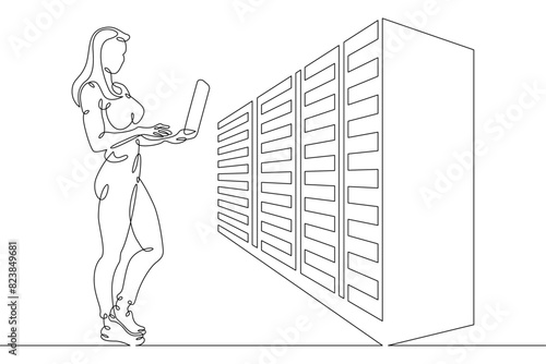 Woman programmer engineer.IT specialist is holding a laptop. Data center, server cabinet. Digital technologies. Working with the server. One continuous line .One continuous drawing line logo isolated 