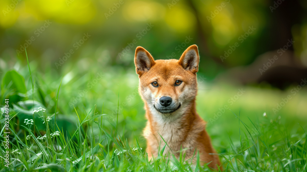 Dog (Shiba Inu) on green grass in park