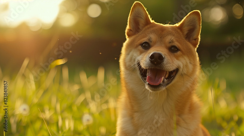 Dog (Shiba Inu) on green grass in park photo